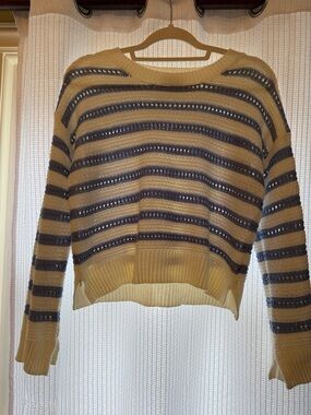 Women's Striped Open-Knit Sweater - Cream and Light Blue